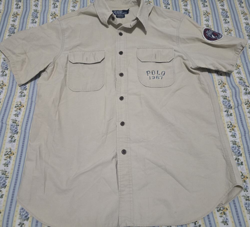 Polo Ralph Lauren Button Up Khaki Shirt Cotton Ocean Camp Shark Size L Fishing